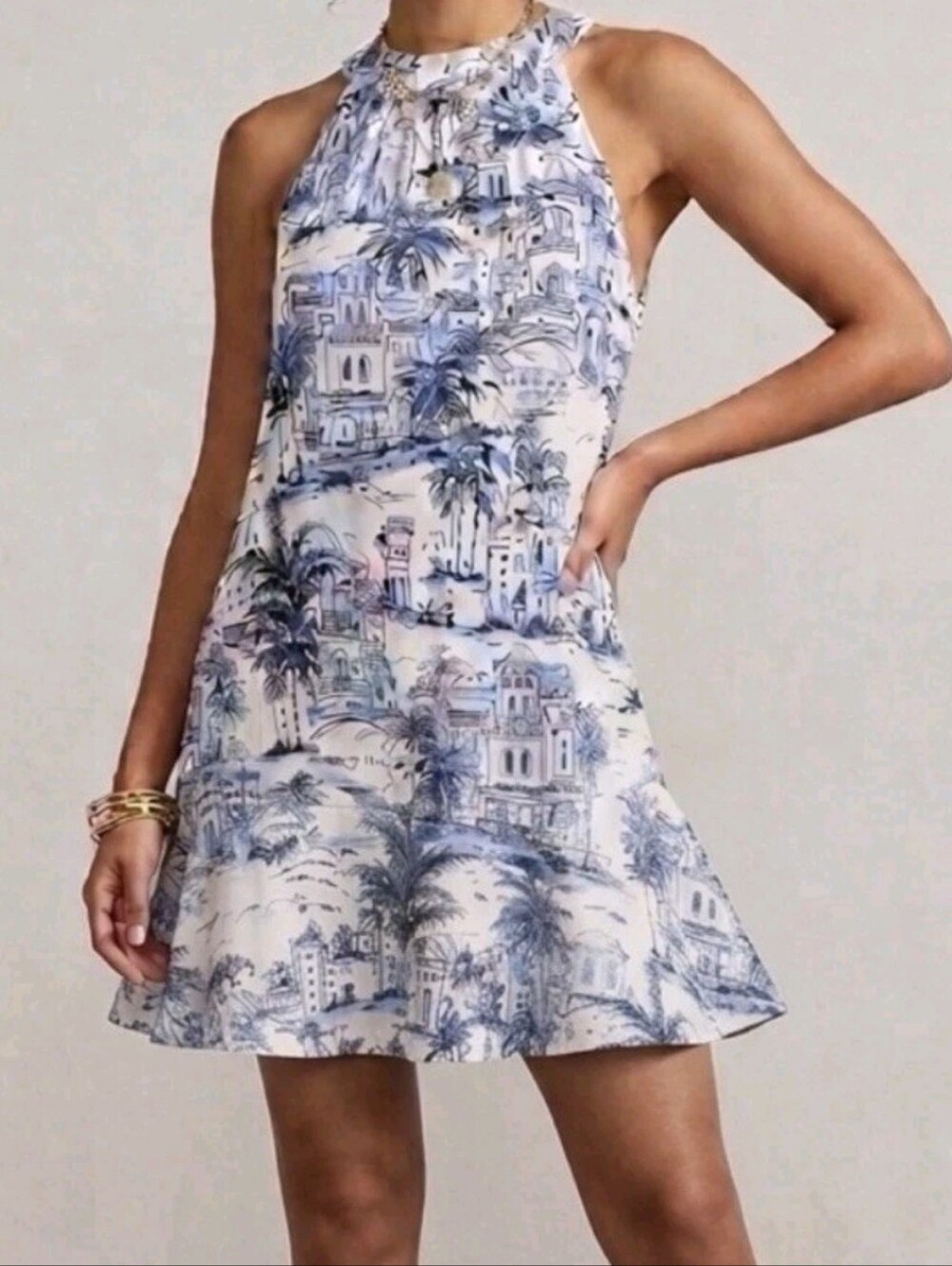 Calypso St. Barth Blue & White Printed Halter Dress Open Back Size XL